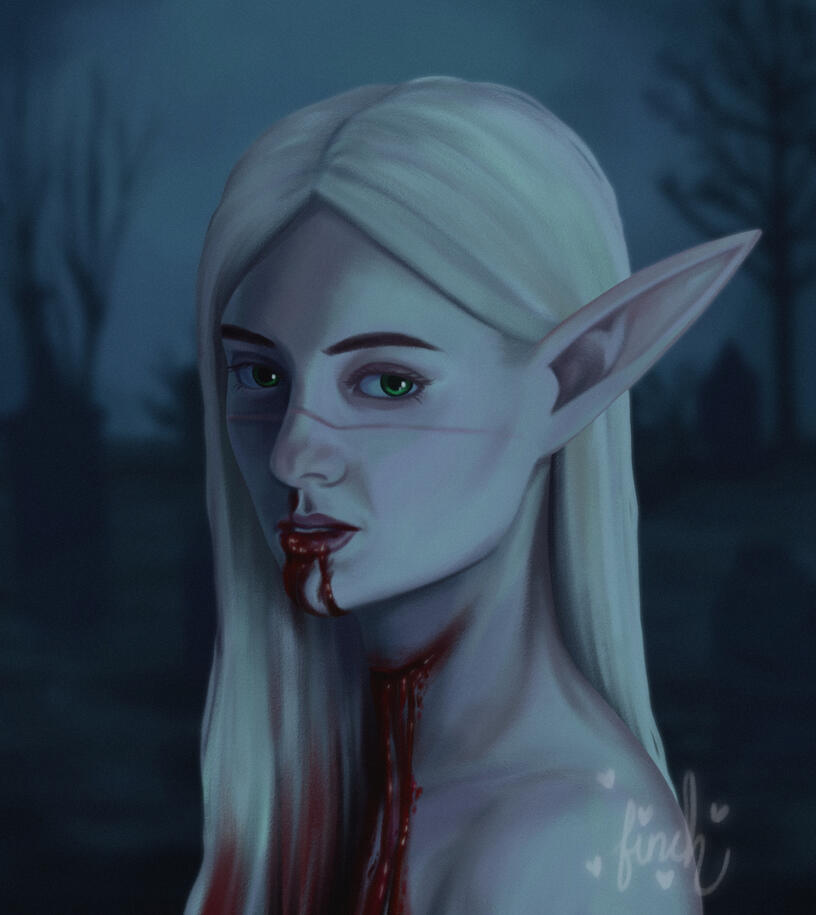 A portrait illustration elf with long blonde hair from the shoulder up. She has green eyes and is staring at the viewer. She has a scar across her face. She is bleeding from her mouth and a cut on the right side of her neck. She is in a graveyard. Everythi
