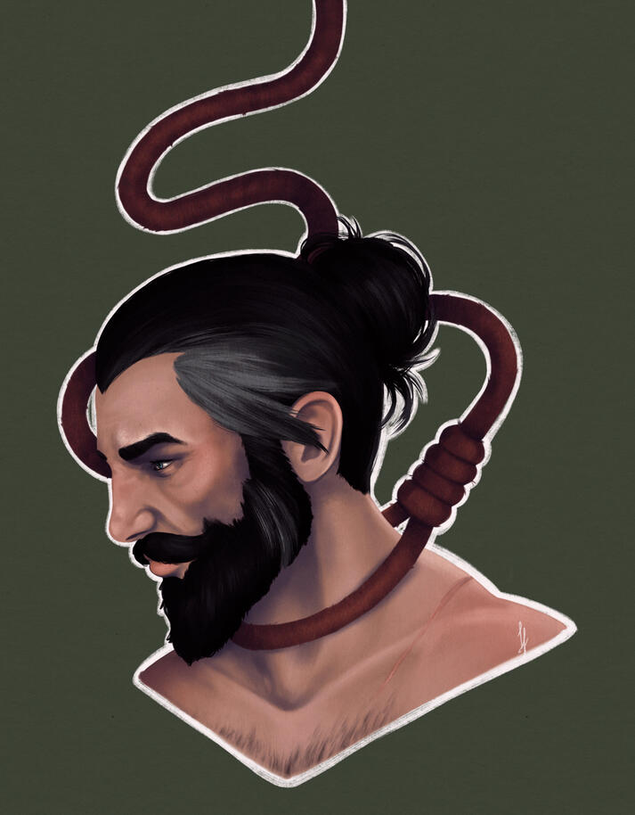 A portrait illustration of Warden Blackwall from Dragon Age Inquistion. He's seen from the top of the shoulder up. His hair is pulled back in a bun and there is gray in his hair and beard. There is a noose around his neck. The BG is flat green.