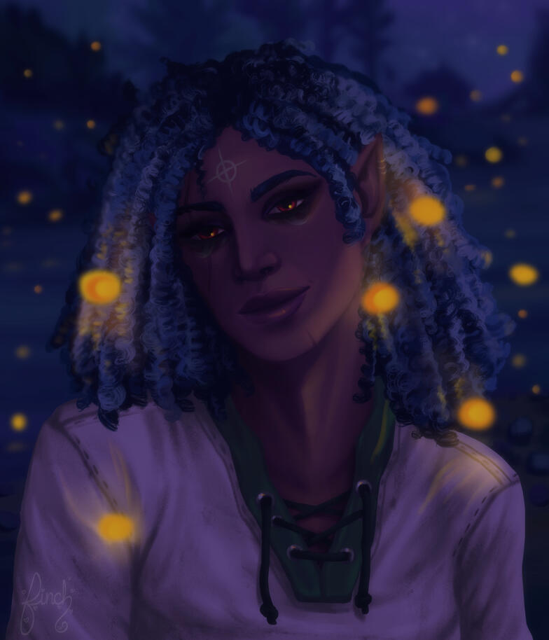 Full color illustration of a portrait of a half elf named, Ruby. She has dark skin, red eyes, and coily blue tinted hair. She's wearing a white lace up camp shirt, and is in the dim night. She is surrounded by fireflies.