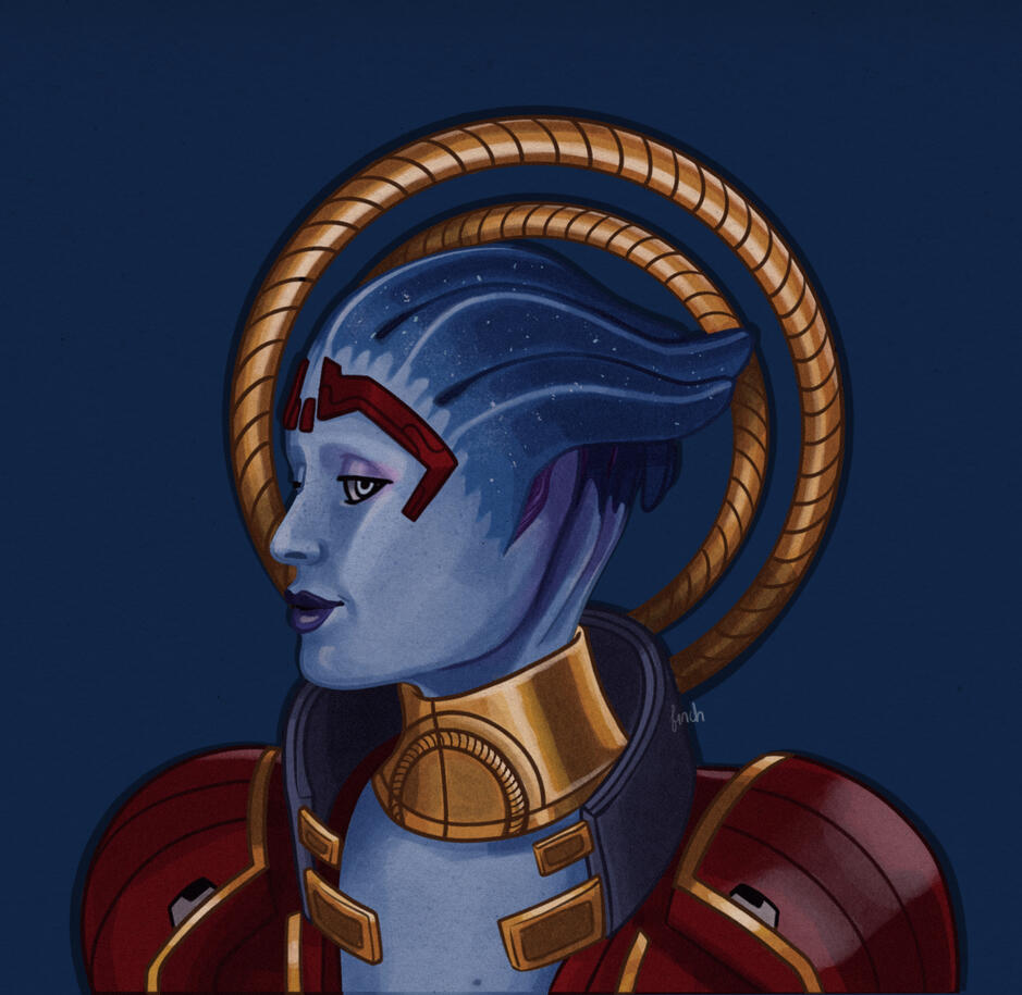 A full color portrait illustration of Samara. She is wearing her red armor and is seen from the shoulder up. She is wearing a slight smirk, and is facing left, but still looking at the viewer. She has gold rings on a flat blue background.