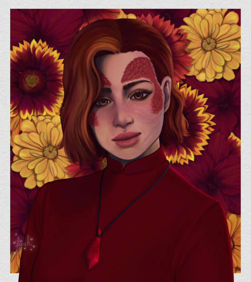A portrait from the chest up of a draconic bloodline sorceress. She's wearing a high neck plain red robe, a red focusing crystal on a necklace, has red scales and her cheeks and behind her is a collection of red, yellow and orange flowers. She is smiling s