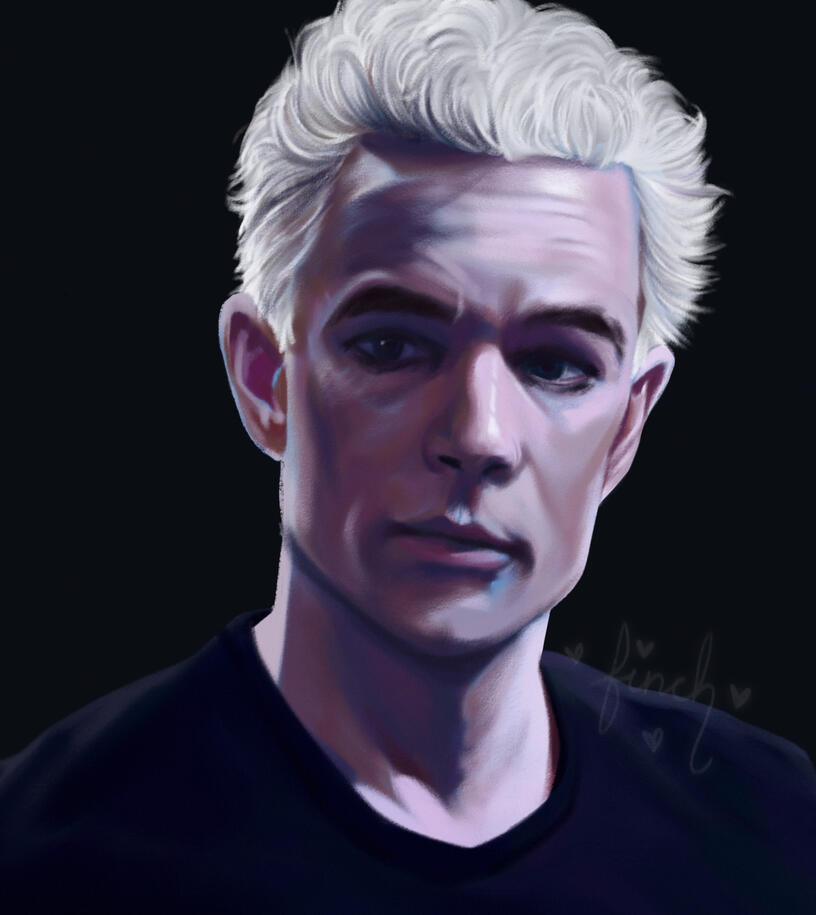 A portrait illustration of Spike from Buffy the Vampire Slayer, he's in a pale palette, from the shoulder up on a black background. He's wearing a black tee and looks slightly disheveled. He's staring off to the left of the viewer.