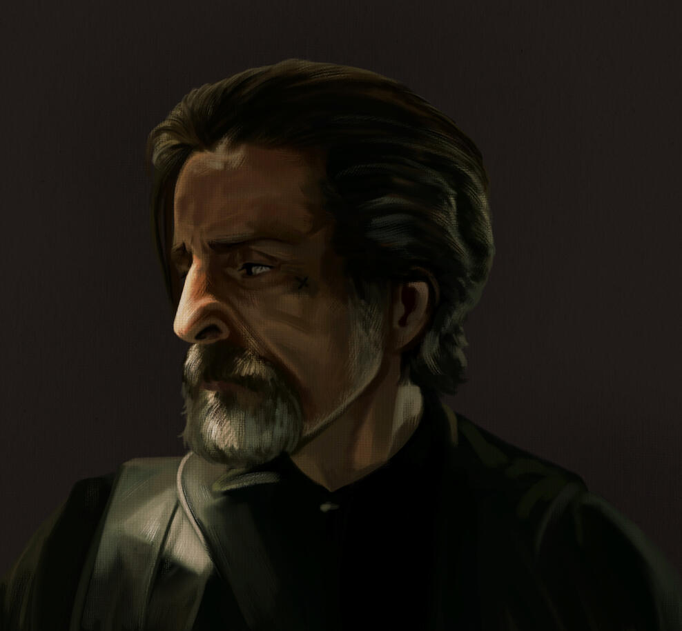 Izzy Hands from Our Flag Means Death looking to the left on a plain brown background. He is slightly highlighted by light. He looks sad.