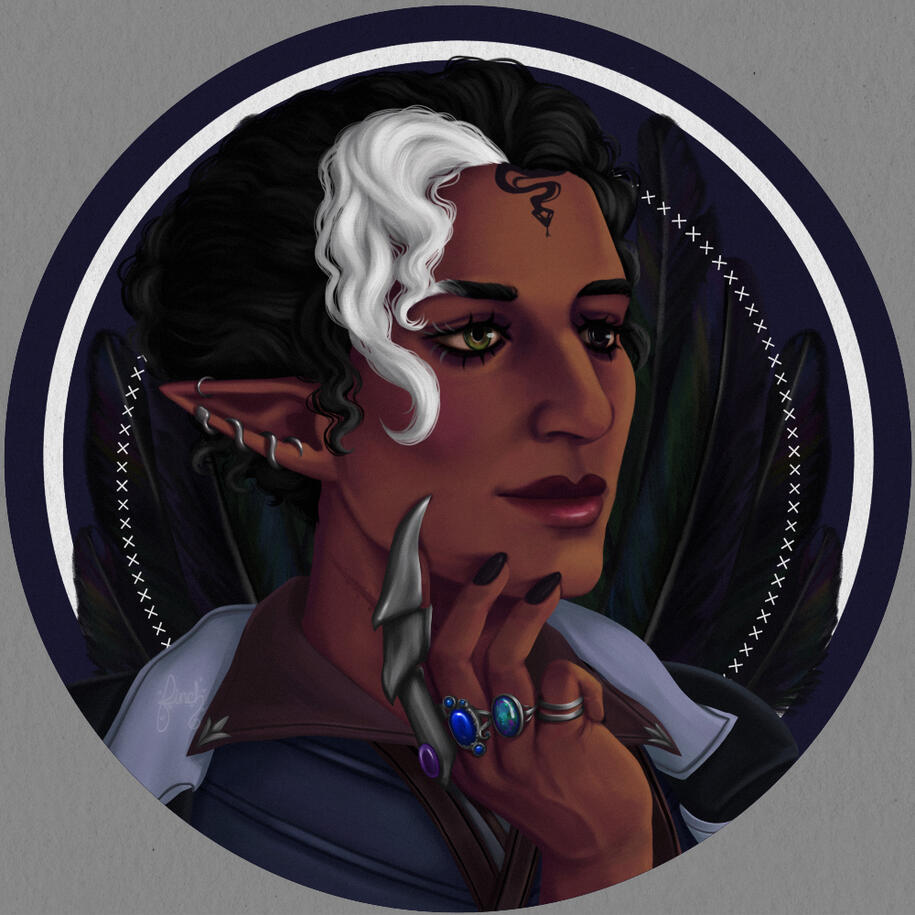 A full color illustration that is a portrait of an elf in a circle icon. They have medium skin, curly black hair in a bun but a loose tuft of bangs is white. The white extends through their eyebrow and eye lashes. They're wearing silver jewelry set with je