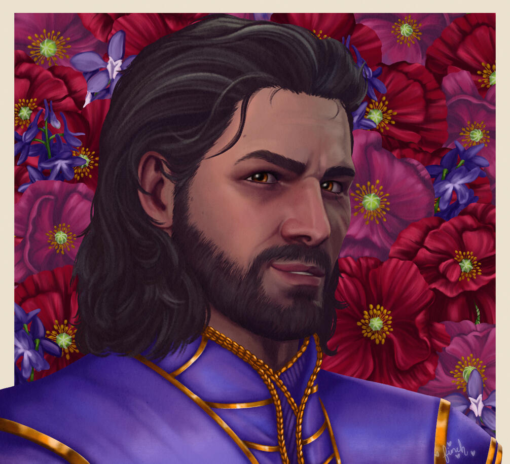 A full color illustration of Gale Dekarios of Baldur's Gate 3. He is shoulder up, wearing a purple robe trimmed in gold. He is smirking. Behind him is a field of larkspur and poppies in purple, pink and wine colors.
