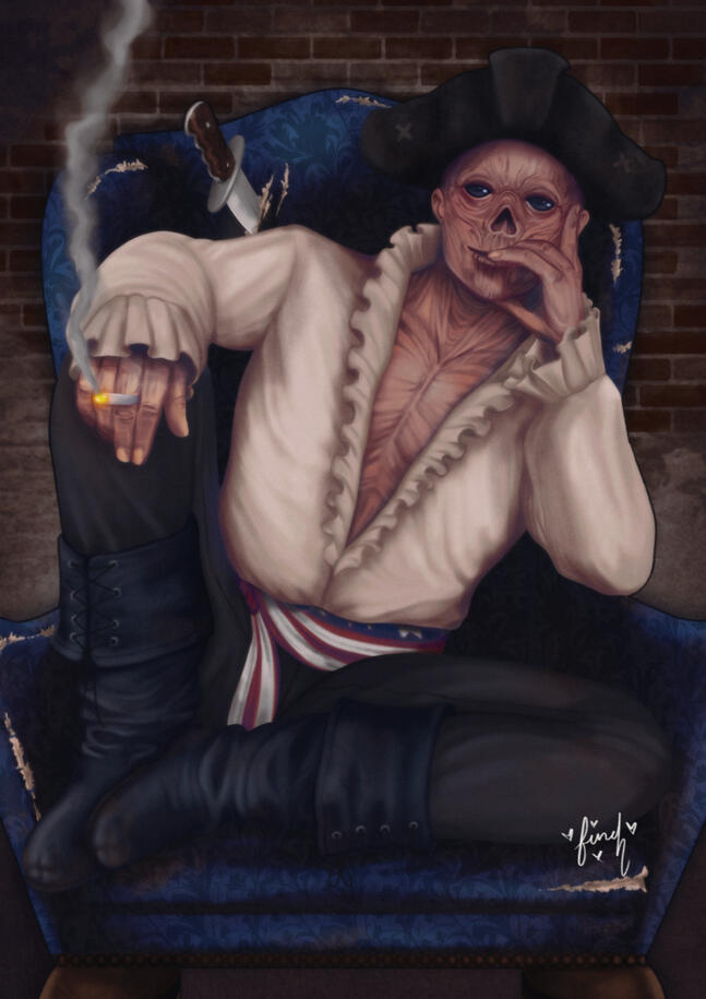 A full color illustration of Hancock from Fallout 4 sitting perched in a blue ratty arm chair. There is a knife in the back of the chair behind him. He is wearing his white undershirt, and three point hat but not his red coat. He is holding a cigarette in