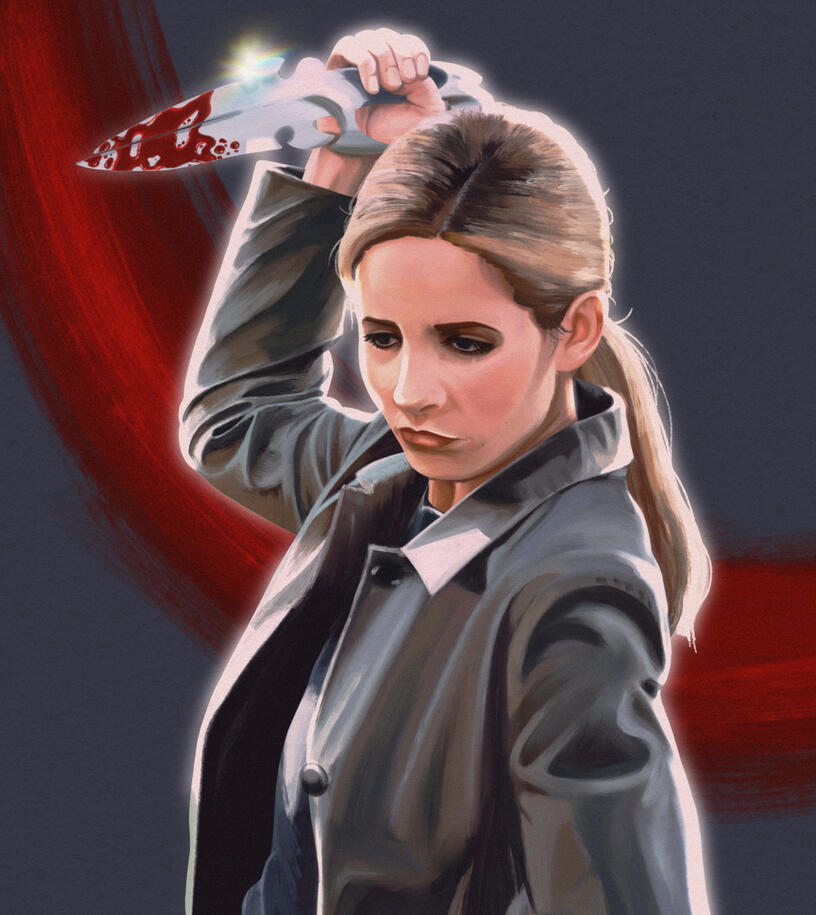 A full color illustration of Buffy Summers from Buffy the Vampire Slayer. She's lifting a knife above her head, the blade glimmers and is covered in blood. She is wearing a trench coat, and her hair is pulled back. Her expression is neutral. Behind her is