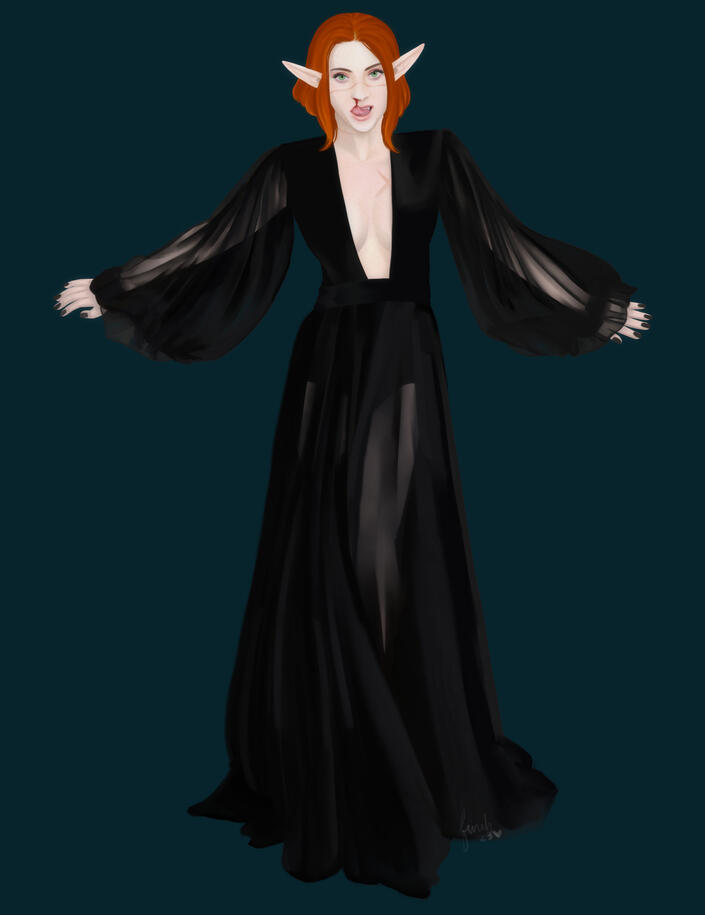 A full color illustration of an elf with pale skin and short red hair. We have a full shot of her on a blue background. She is wearing a black flowing dress. Her arms are outstretched as if she's against a wall. Her nose is bleeding and she's licking the b