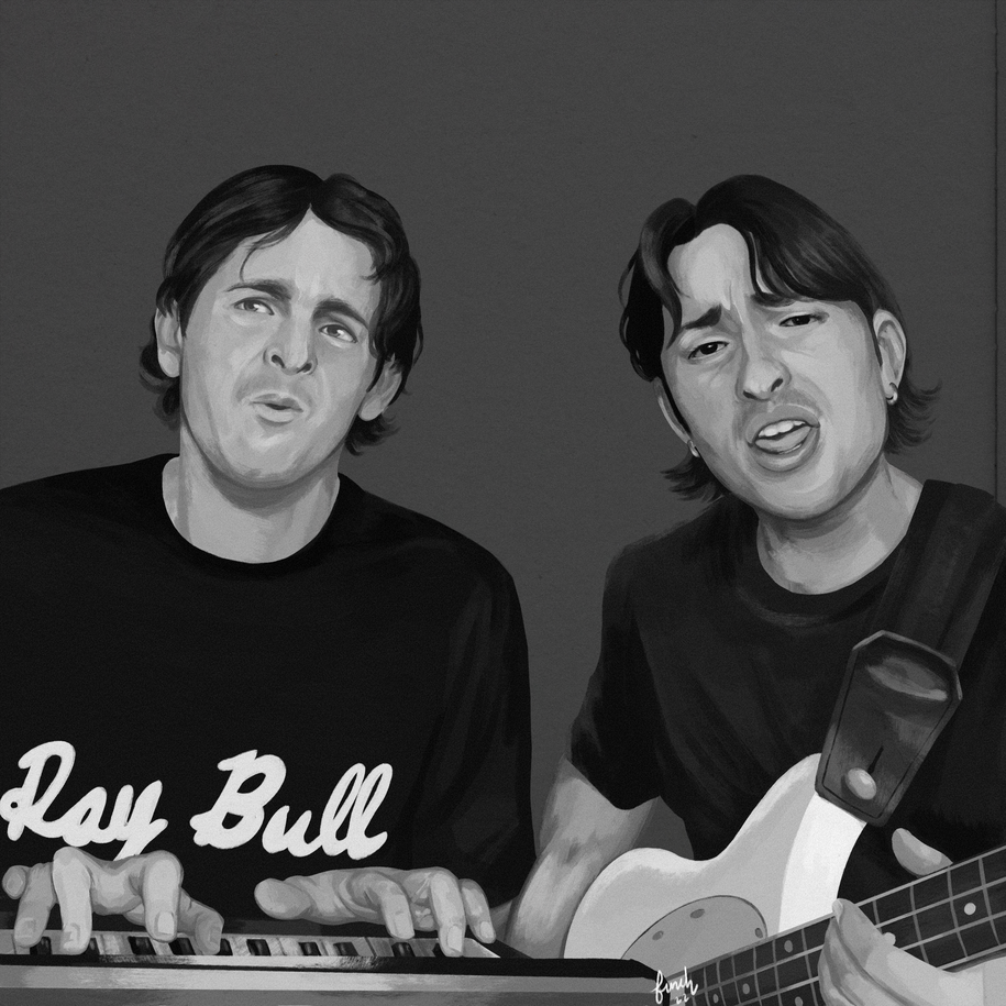 A grayscale illustration of the lads from Ray Bull playing instruments (guitar and keyboard) and singing.
