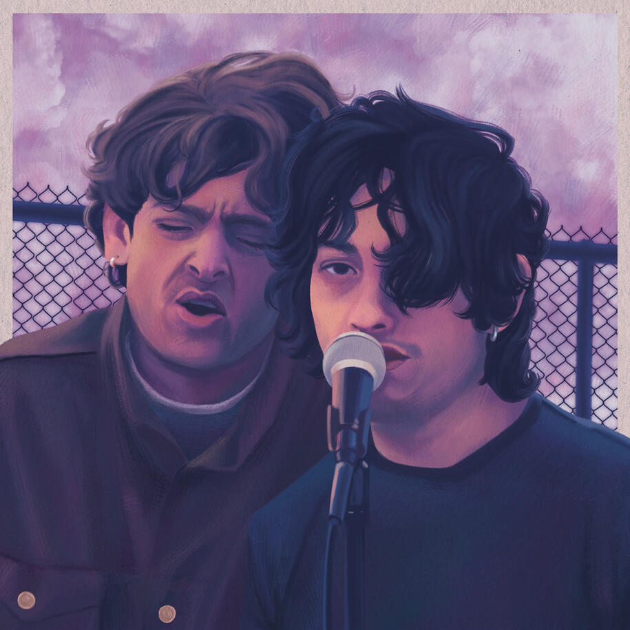 A full color illustration of the lads from Raybull, they're singing into a single mic and the sky is pink behind them.