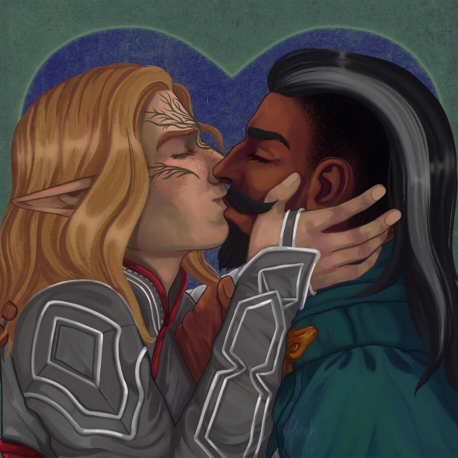 A full color sketch illustration of Dorian Pavus kissing an elven inquisitor. They're both wearing DAtV attire, and are seen from about the chest up. The inquisitor is holding Dorian's face in their hands and Dorian is holding a lock of his hair.