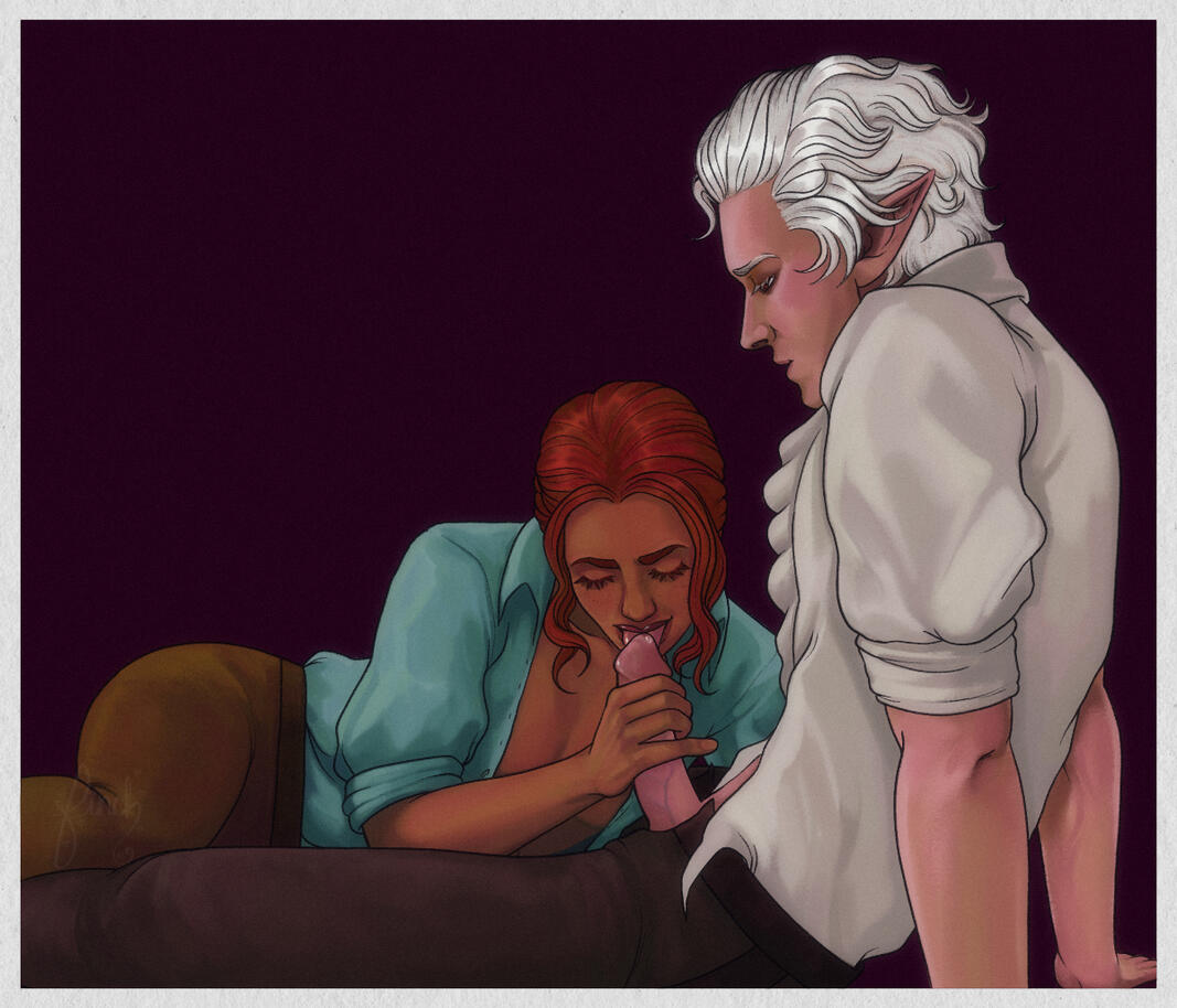 A full color illustration of Astarion and recipient's Tav, Auri. They're on a plain maroon background, but they're seated on the floor. They're both fully clothed but Auri's top is open and Astarion's pants are open and she's starting the process of blowin