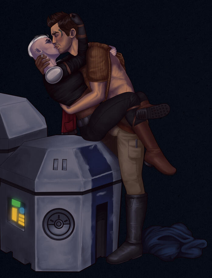 A full color illustration of my PC Charlie Thrasher and Theron Shan from Star Wars the Old Republic. Charlie is sitting on a metal crate but has her legs wrapped around Theron who is standing before her and kissing her. She is pulling up his shirt and his