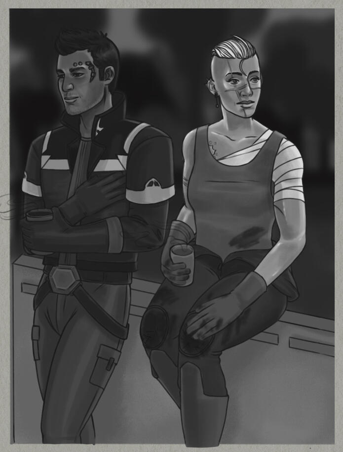 A gray scale illustration of Charlie Thrasher and Theron Shan from SWTOR. They are sitting and leaning on a short metal wall. Charlie's shoulder is bandaged which is visible under the tank top she wears. She appears to have been working on something as she