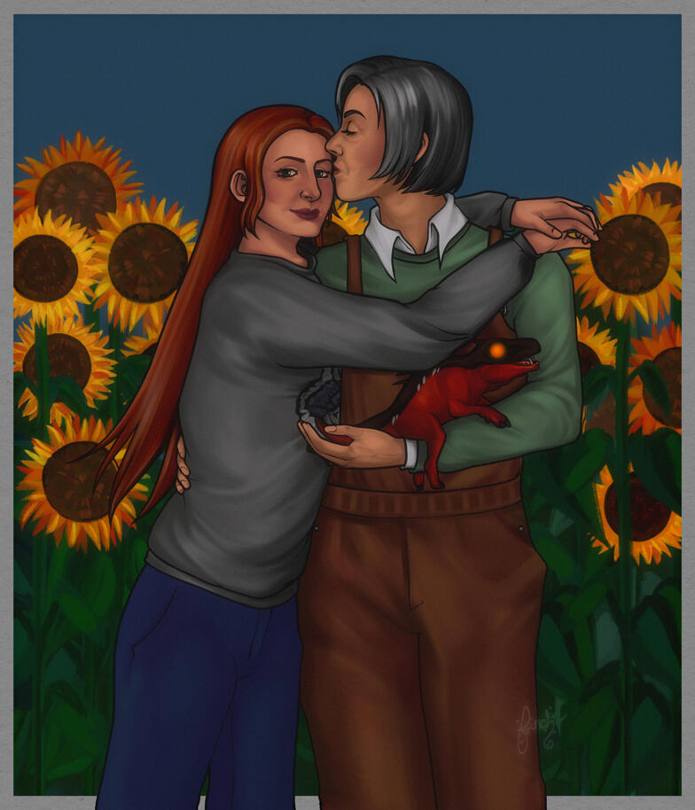 Full color illustration of Karin Chakwas and Hannah Shepard. Hannah is hugging Karin, Karin is holding a red varren pup in her arm. They both look older and happy. Karin is in coveralls and Hannah is in her legendary wolf sweater. Behind them is a field of