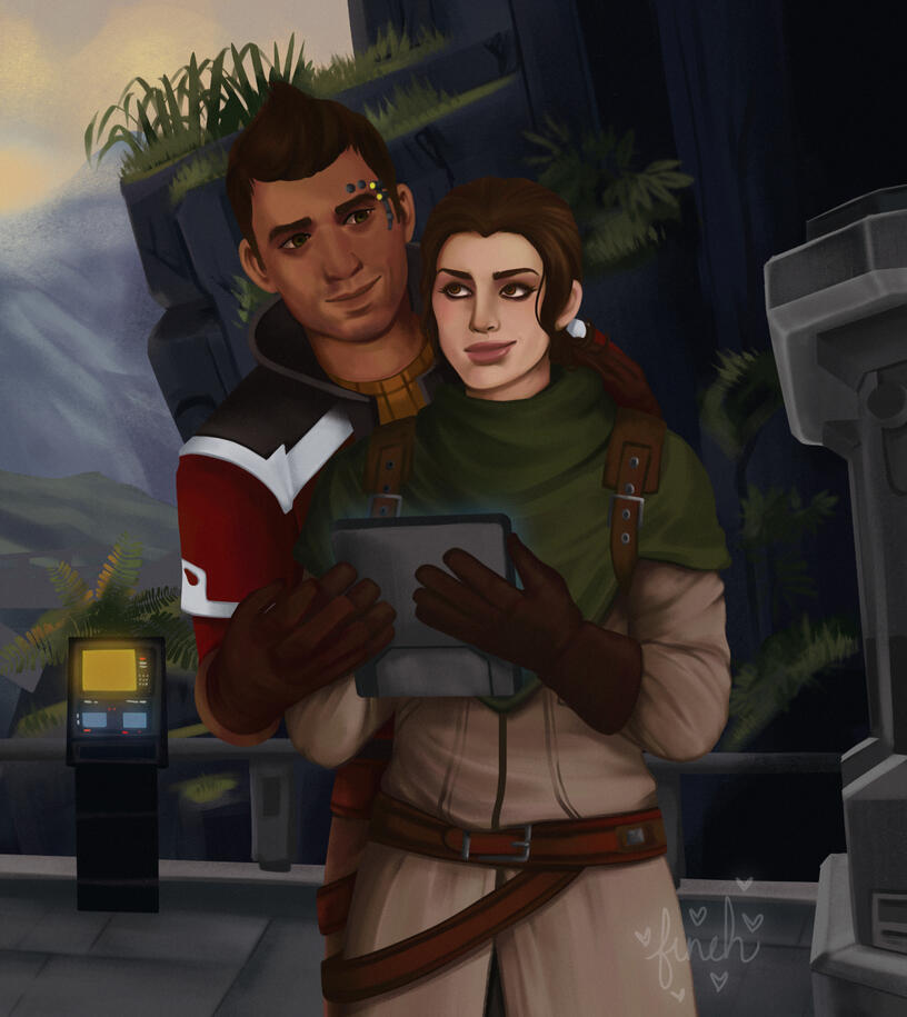 A full color illustration of Theron Shan and Eva (SWTOR OC) standing on the dock on Odessen, Theron is standing behind Eva, reaching around her to gently distract her from the data pad she's looking at. Both are smiling.