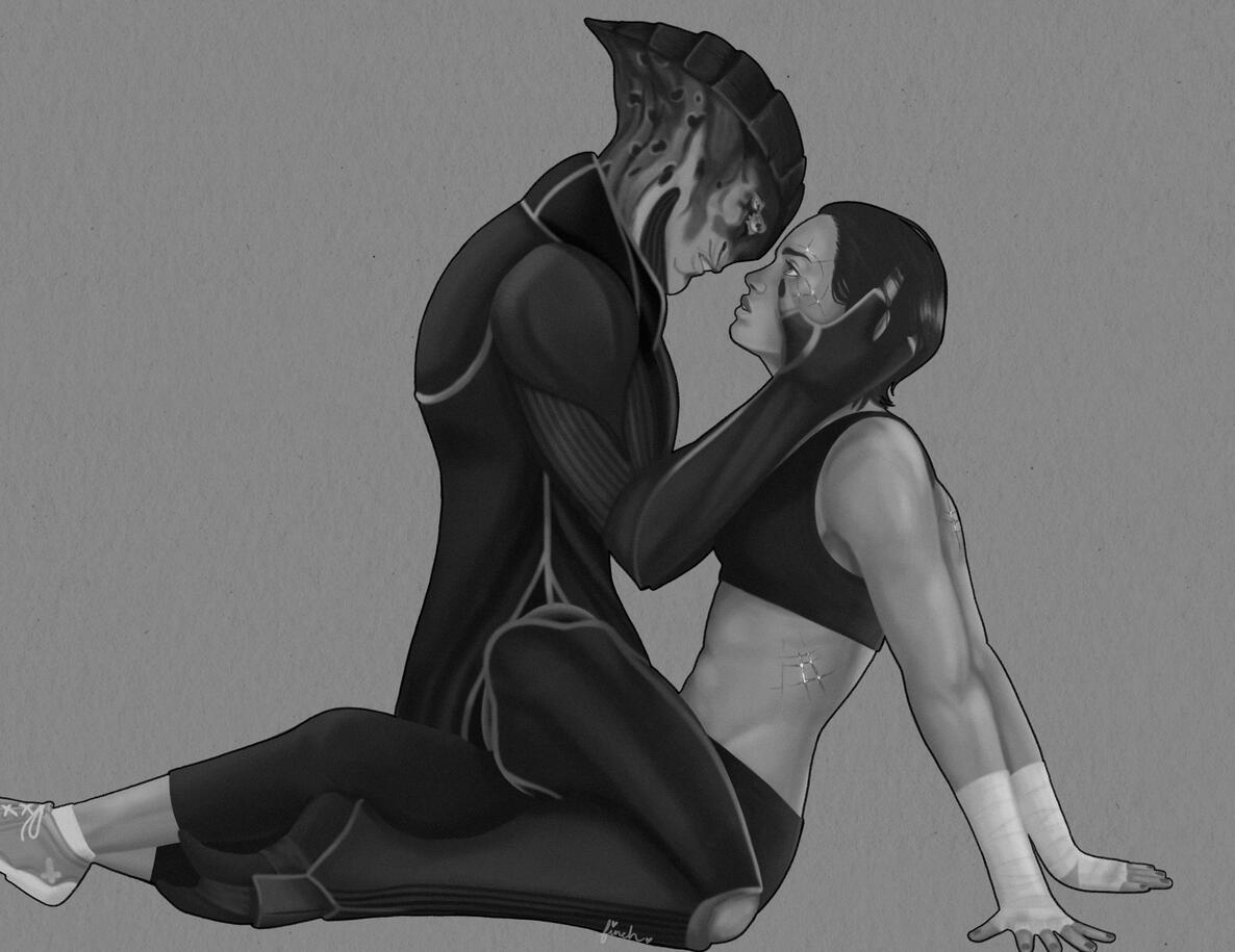 A grayscale illustration of Peregrine Shepard & Javik. They appear to have been sparring and are in light clothes. Peregrine is sitting on the ground and Javik is kneeling atop her outspread legs. He is holding her head in his hands and looking into her ey