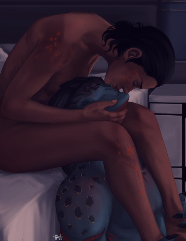 A full color illustration of Javik (Mass Effect) and Peregrine Shepard. She's sitting behind him on a bed, leaning over his head and they're kissing. Her hands are at his throat. They're both nude.